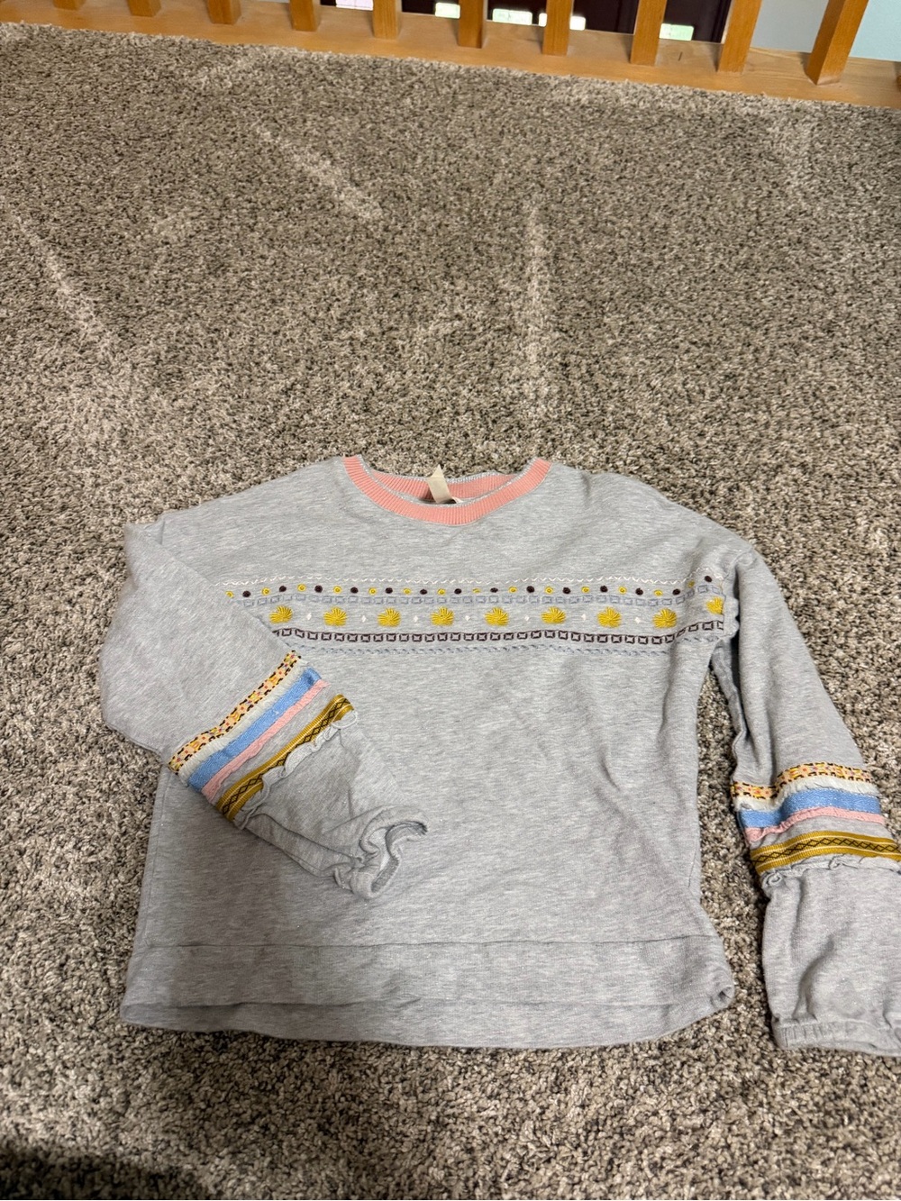 Matilda Jane Gray Crewneck Sweatshirt with Pink Trim and Multicolor Embroidery